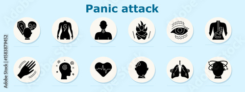 Panic attack set icon. Depicts pressure gauge, chest temperature swings, sleepiness, spiral vision, chest flame, stomach cramp, lungs, colon fire, vomiting, earbell, panic crouch, hand tremor