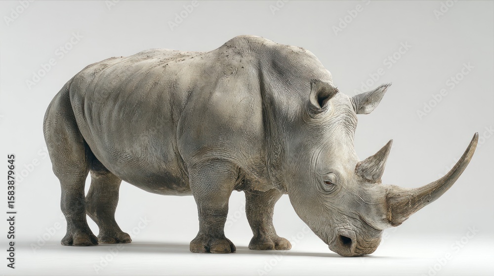 Fototapeta premium A rhinoceros in profile, facing forward, and slightly downward