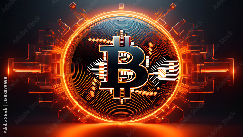Fototapeta premium Futuristic golden Bitcoin digital currency. Computer circuit board. Cryptocurrency mining. Sci-fi design blockchain logo for graphic design. llustration
