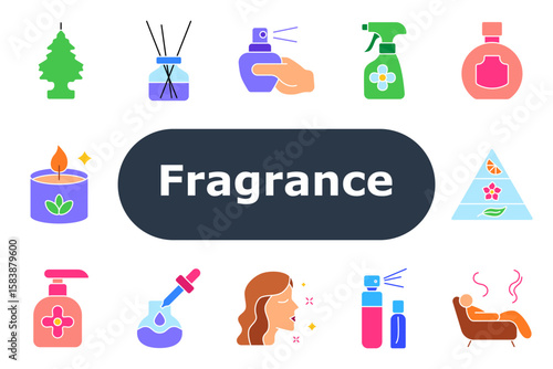 Fragrance set icon. Air freshener, diffuser, perfume spray, floral spritz, bottle, aroma candle, fragrance pyramid, pump dispenser, dropper, aroma test, essential oil, relaxation.
