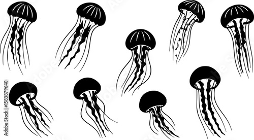 A collection of stylized jellyfish, with varied tentacle designs, against a white background, clean vector illustration, minimalist art.