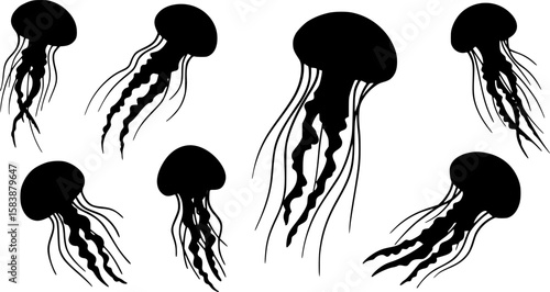 A collection of stylized jellyfish, with varied tentacle designs, against a white background, clean vector illustration, minimalist art.