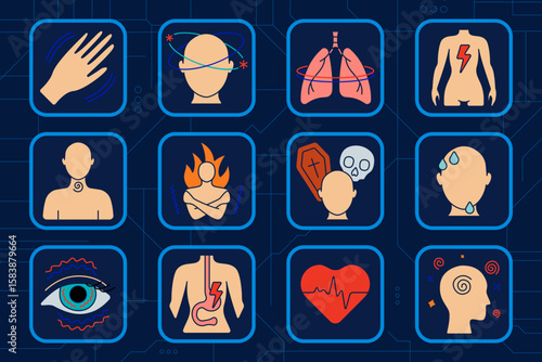 Panic attack set icon. Hand tremor, spinning head, lung stress, body pain, throat spiral, body heat, fear of death, sweating face, eye twitch, stomach twist, heart overload, mental spiral.