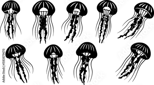 A collection of stylized jellyfish, with varied tentacle designs, against a white background, clean vector illustration, minimalist art.