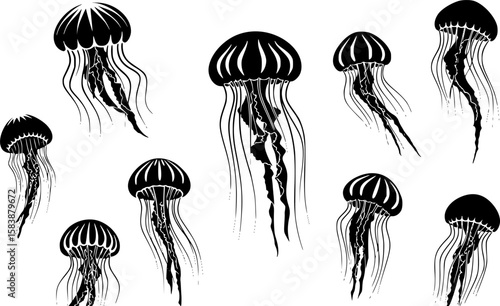 A collection of stylized jellyfish, with varied tentacle designs, against a white background, clean vector illustration, minimalist art.