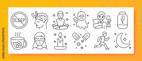 Sleep health set icon. Outline icons with crossed-out sleep, tired face, candle, tea, runner, moon, meditation, sleep mask, night pills, insomnia, nightmares, and brain strain