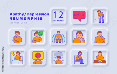 Depression set icon. Sadness, emotional fatigue, mood swings, apathy, sleeplessness, loneliness, heartache, fake emotions, food rejection, poor concentration, insomnia, rainy mood, fake smile.