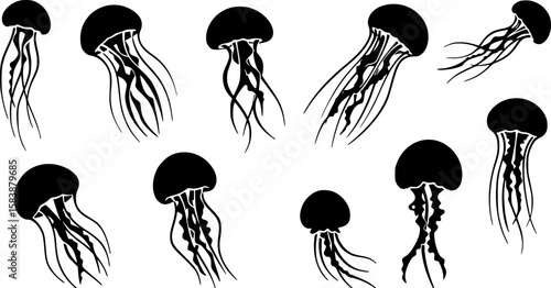 A collection of stylized jellyfish, with varied tentacle designs, against a white background, clean vector illustration, minimalist art.