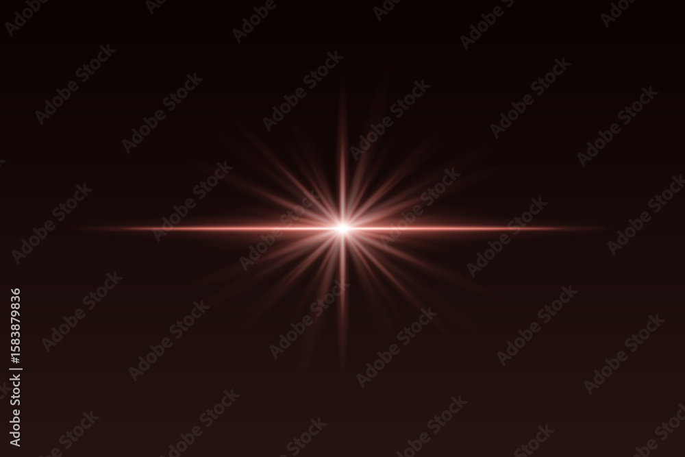 Obraz premium Red starburst light with sharp rays and glow effect. Radiating flare creates elegant highlight for spotlight, flash, or sparkle visuals.