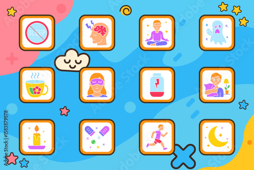 Sleep hygiene set icon. No sleep symbol, headache, meditation, nightmare, herbal tea, girl with mask, energy capsule, hugging pillow, candlelight, sleeping pills, morning jog, moonlight