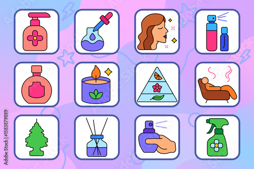 Fragrance set icon. Includes scent pyramid, atomizers, tree scent, diffuser, nose with sprayer, cleaner bottle, hand soap, candle, flask, aroma lines, face profile, essential oil dropper