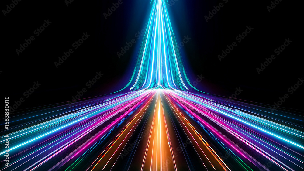 Fototapeta premium Abstract tunnel of a multicolor spectrum background. Bright rays of neon light and colorful glowing lines moving speed through the dark. 3d render