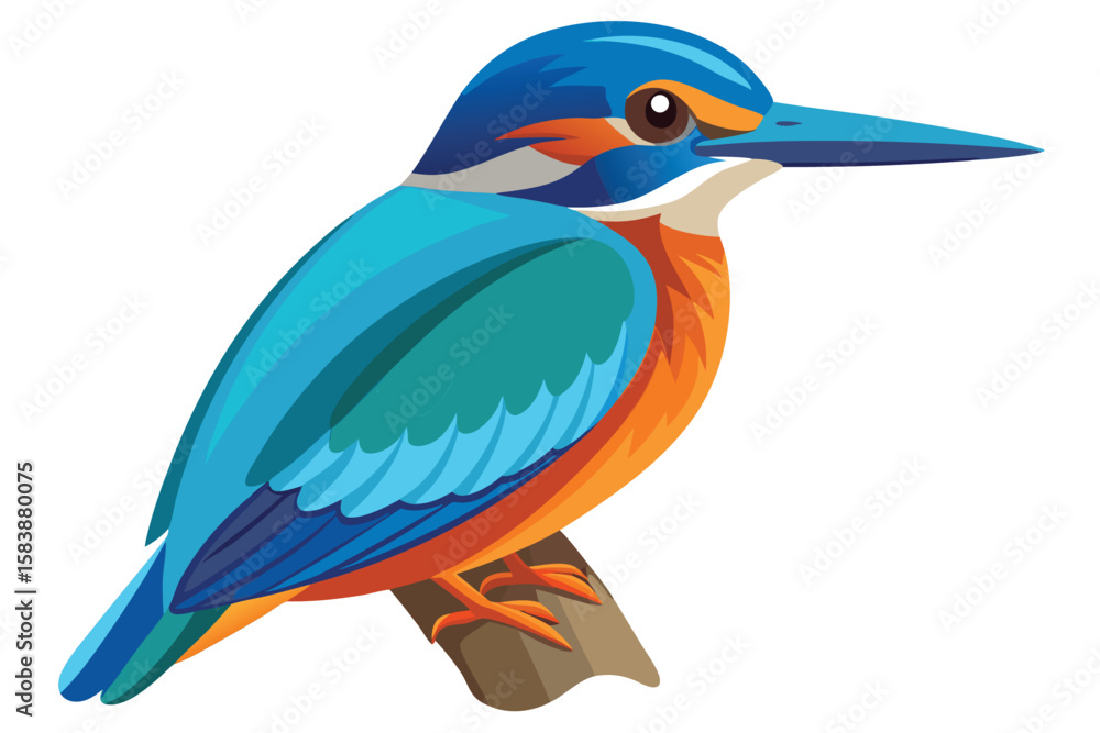 Obraz premium Colorful Kingfisher Illustration Bird Perched on Branch Detailed Wing Plumage Bright Colors Ornithology Avian Wildlife Nature