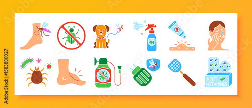 Insect control set icon. Icons include bug bite on foot, crossed-out insect sign, dog with mosquito, repellent spray, healing cream, irritated face, tick, bacteria, scratch mark, antihistamines