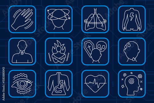 Health symptom set icon. Hand tremor, dizziness, short breath, body pain, throat irritation, chills, fear, sweating, eye twitch, stomach ache, heartbeat, confusion, health issues