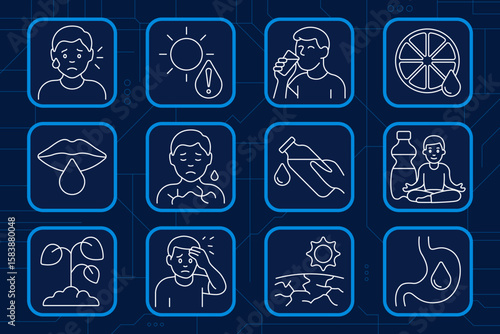 Water balance set icon. Dehydrated face, sunstroke, water glass, citrus hydration, dry lips, dry chest, pouring bottle, yoga with drink, wilted plant, forehead heat, cracked soil, dry digestion.