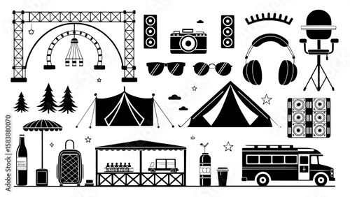 Silhouette icons of rock festival gear in black and white. Icons include tents, wristbands, stage scaffolding, headphones, power generators, food trucks, sunglasses, and water bottles. Clean, energeti