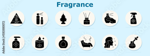 Fragrance set icon. Includes scent pyramid, atomizers, tree scent, diffuser, nose with sprayer, cleaner bottle, hand soap, candle, flask, aroma lines, face profile, essential oil dropper