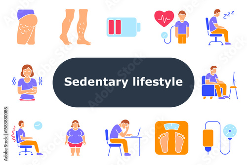 Sedentary lifestyle set icon. Cellulite, varicose veins, low energy, heart pressure, drowsiness, stomach discomfort, obesity, spine pain, scale, inactivity, screen time, sitting work, blood pressure.