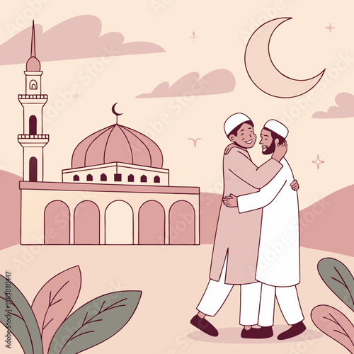 Eid prayer scene in the morning with men in traditional attire embracing and smiling, mosque and crescent moon in the background, soft and colorful vector art