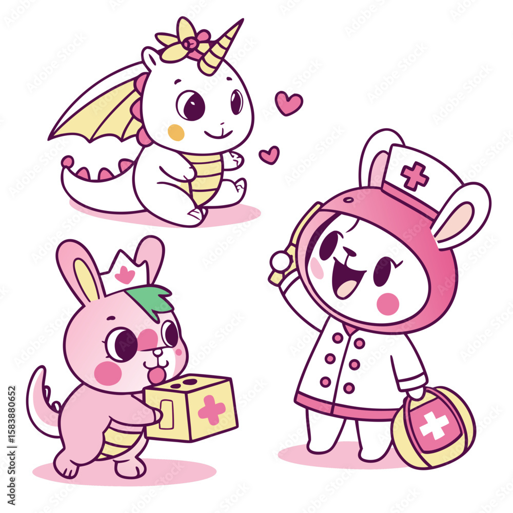 Obraz premium Kawaii baby animals playing dress-up: unicorn in a princess costume, dragon in a pirate outfit, bunny as a nurse, cute pastel vector with joyful faces and bold lines