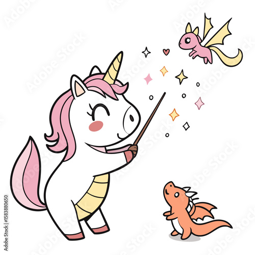 Kawaii baby animals with magical themes: unicorn with a magic wand, dragon flying with tiny wings, fox casting sparkles, cartoon vector with playful vibe