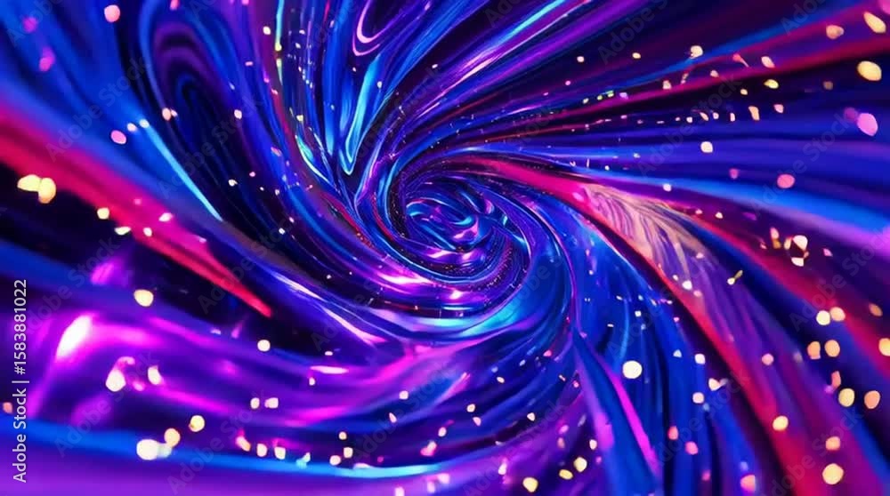 Blue purple neon hypertunnel. Spinning speed space tunnel made of twisted swirling energy. Magic glowing light lines. Abstract background