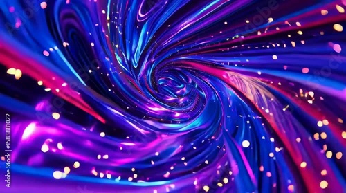 Blue purple neon hypertunnel. Spinning speed space tunnel made of twisted swirling energy. Magic glowing light lines. Abstract background