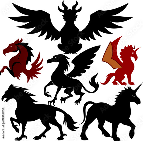 6 Mythical Animal Silhouette Vector Illustrations