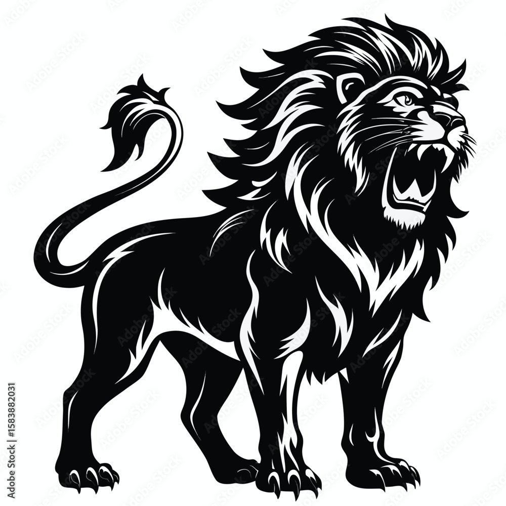 Fototapeta premium a lion standing and roaring, bold mane detail in profile view, vector illustration on white background, ideal for strength logos, leadership branding, and wildlife themes