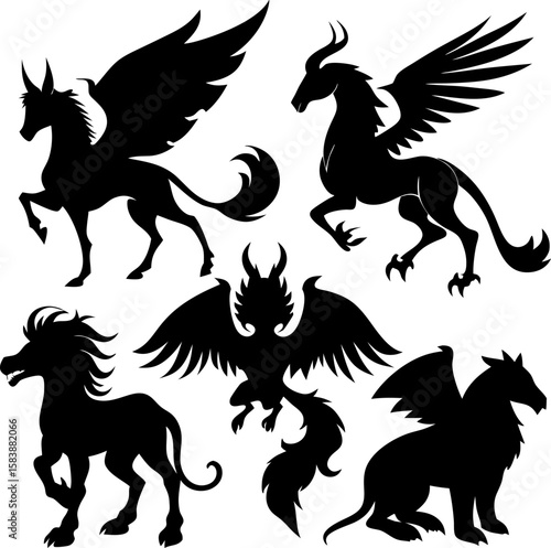 6 Mythical Animal Silhouette Vector Illustrations