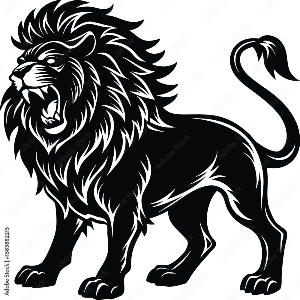 Naklejka premium a lion standing and roaring, bold mane detail in profile view, vector illustration on white background, ideal for strength logos, leadership branding, and wildlife themes