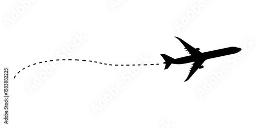 Airplane line path black vector icon showing flight route, isolated on a white or transparent background. Ideal for travel, aviation, maps, and modern design concepts.
