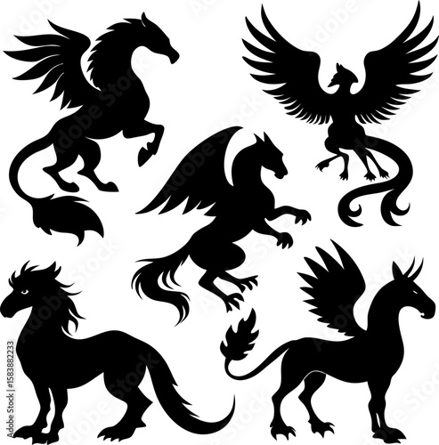 6 Mythical Animal Silhouette Vector Illustrations