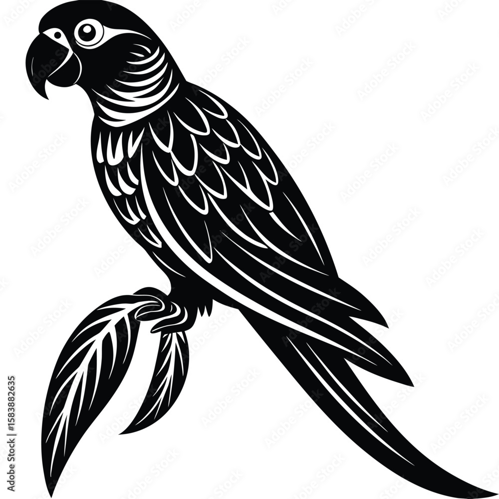 Obraz premium a parrot perched on a curved branch, side profile with distinct beak and long tail feathers, minimalist vector art illustration isolated on white background