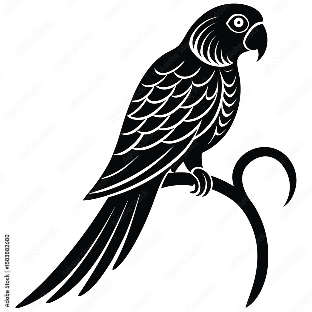 Fototapeta premium a parrot perched on a curved branch, side profile with distinct beak and long tail feathers, minimalist vector art illustration isolated on white background