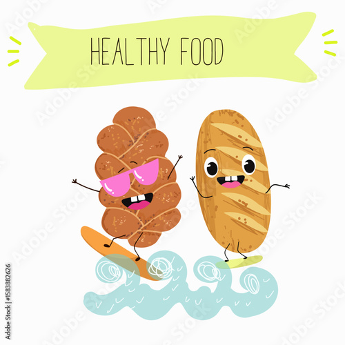 Baked food funny characters, hand drawn vector illustration.