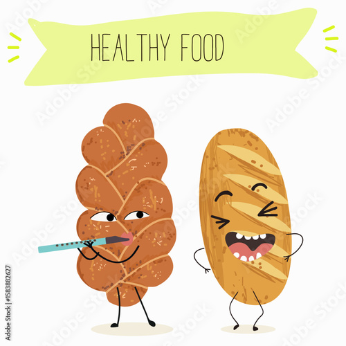 Baked food funny characters, hand drawn vector illustration.