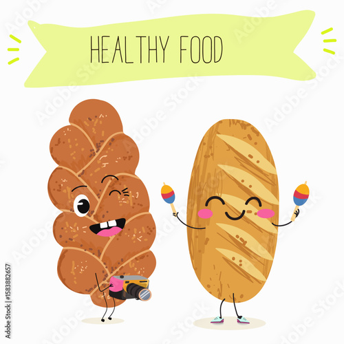 Baked food funny characters, hand drawn vector illustration.