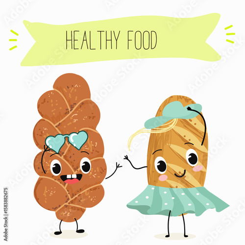 Baked food funny characters, hand drawn vector illustration.