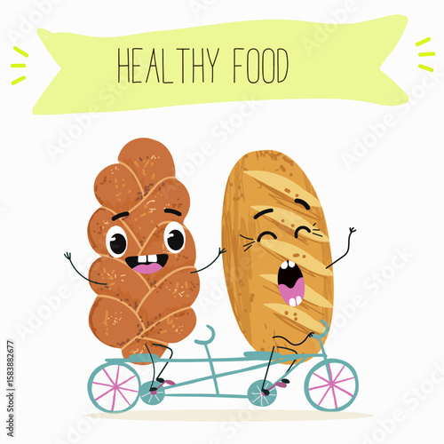Baked food funny characters, hand drawn vector illustration.