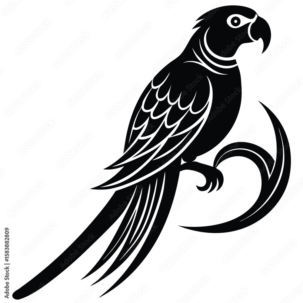 Obraz premium a parrot perched on a curved branch, side profile with distinct beak and long tail feathers, minimalist vector art illustration isolated on white background