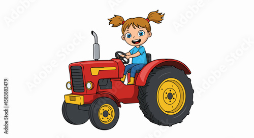 Cartoon girl driving red tractor with exhaust pipe on white background. Young girl driving shows joyful experience as she controls the tractor, her expression one of glee.