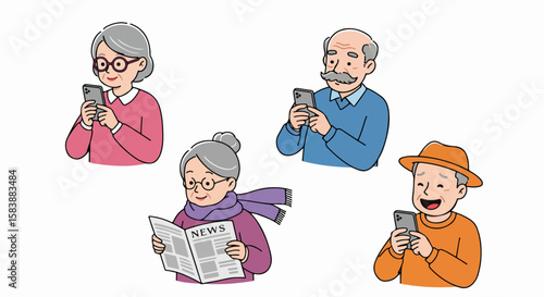 Senior citizens using mobile phone for social connection and news reading. Senior citizens are staying connected with friends, family, and the outside world through modern technology.