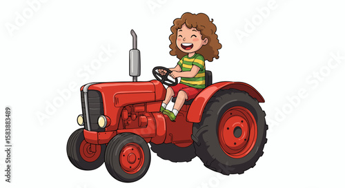 Girl on tractor illustration with smiling expression, set against plain background. This girl on tractor image shows child driving a red agricultural machine,