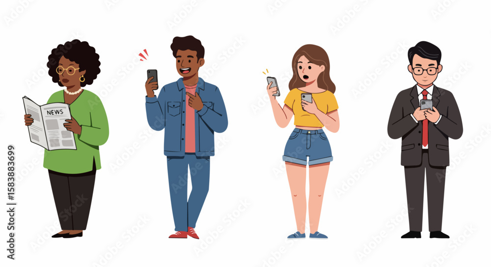 Fototapeta premium Four diverse people communicate with digital devices and newspapers. Four diverse people use modern technology alongside traditional media.