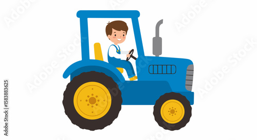Boy drives tractor, navigating farm fields. Cartoon boy driving tractor with smile, working on rural landscape, managing farm fields. Happy cartoon boy driving tractor,
