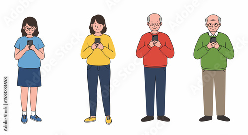 Illustration of People using smartphone, depicted at different age groups, all texting on their cellphones, presenting diverse generations staying connected digitally.