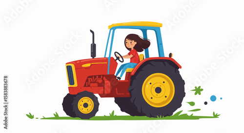 Young woman driving a tractor in a rural area, a fun cartoon illustration. Tractor operations bring joy and excitement as she maneuvers machinery for field work.