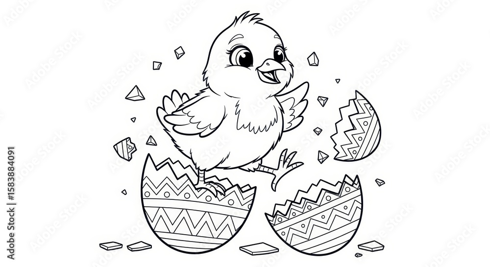 Fototapeta A cute baby chick hatches from a decorative easter egg, surrounded by scattered eggshell pieces